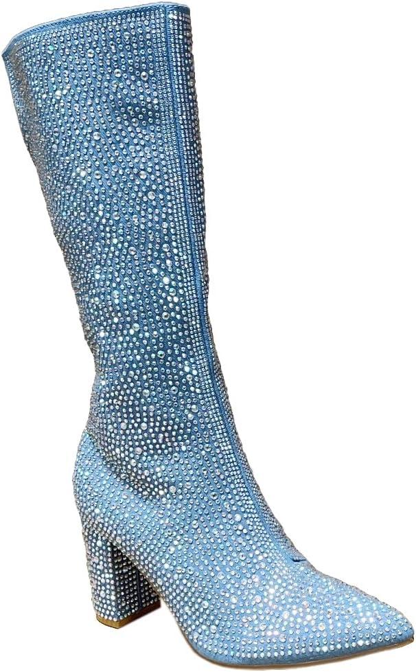 ABSOLEX Women Pointed Toe Rhinestone Block Medium Heel Knee High Boots (10, Blue Denim)
