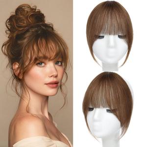 Clip-in Bangs, 100% Real Human Hair French Fake Bangs Hair Clip for Women Light Brown Natural Curtain Fringe with Temples Hairpieces for Daily Wear (French Bangs, Light Brown)