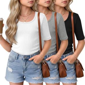 3 Pack Girls Half Sleeve Tops Ribbed Knit Short Sleeve U Neck Shirts 5-14 Years Kids Slim Scoop Neck Basic Tees