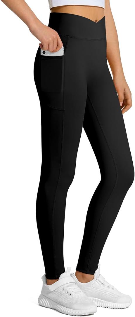 JOCMIC Girls Athletic Leggings High Waist for Kids Yoga Dance Gym Pants with Pocket (9-10 Years, Black)