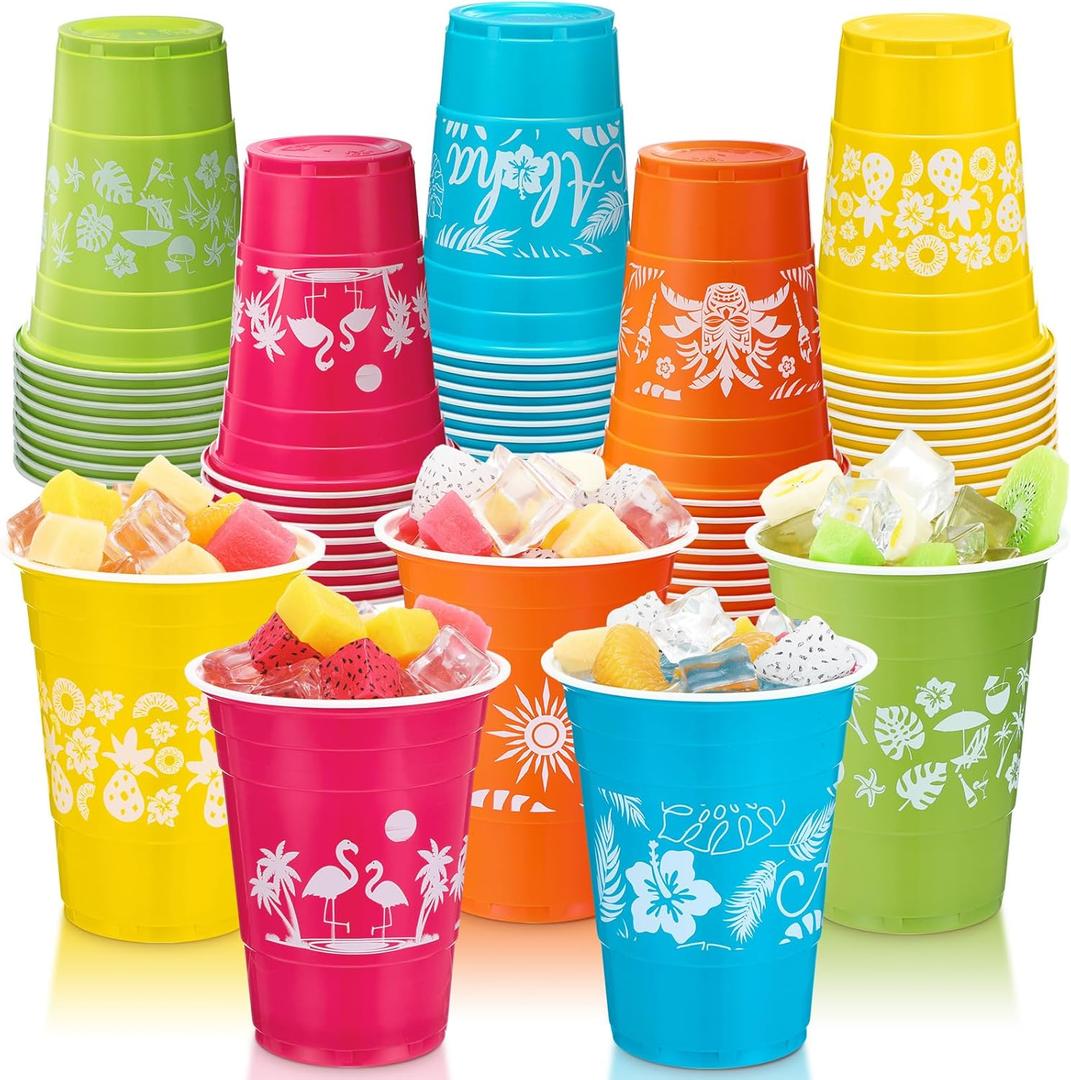 Domensi 50 PC Hawaiian Luau Cups Party Decorations 16 oz Tiki Tropical Plastic Disposable Cups Hawaii Hibiscus Pineapple Flamingo Palm Tree Coconut Dinnerware for Summer Pool Beach Party Supplies