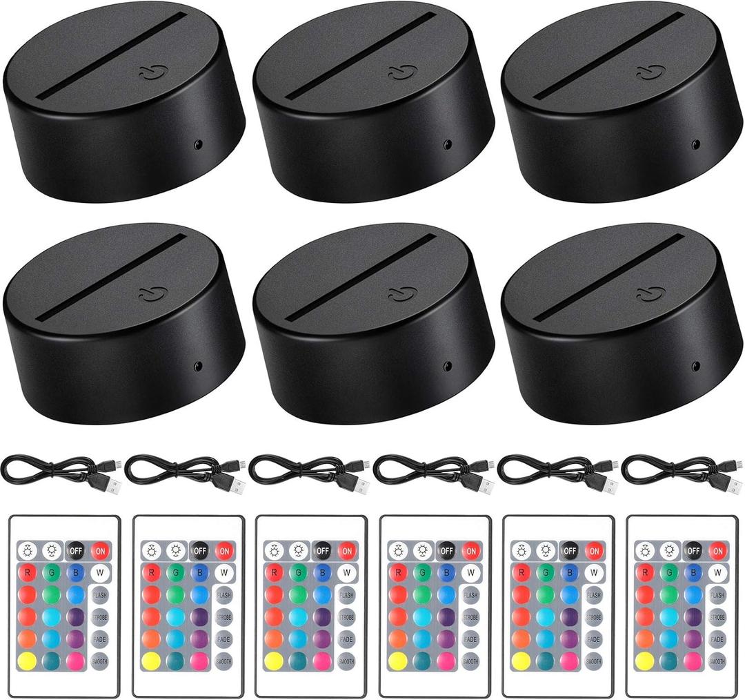 Honoson 6 Pieces 3D Night LED Light Lamp Base 16 Colors LED Display Base with Remote Control and USB Cable, Christmas Light Lamp Display Acrylic for Restaurant Shop (Small,Black)