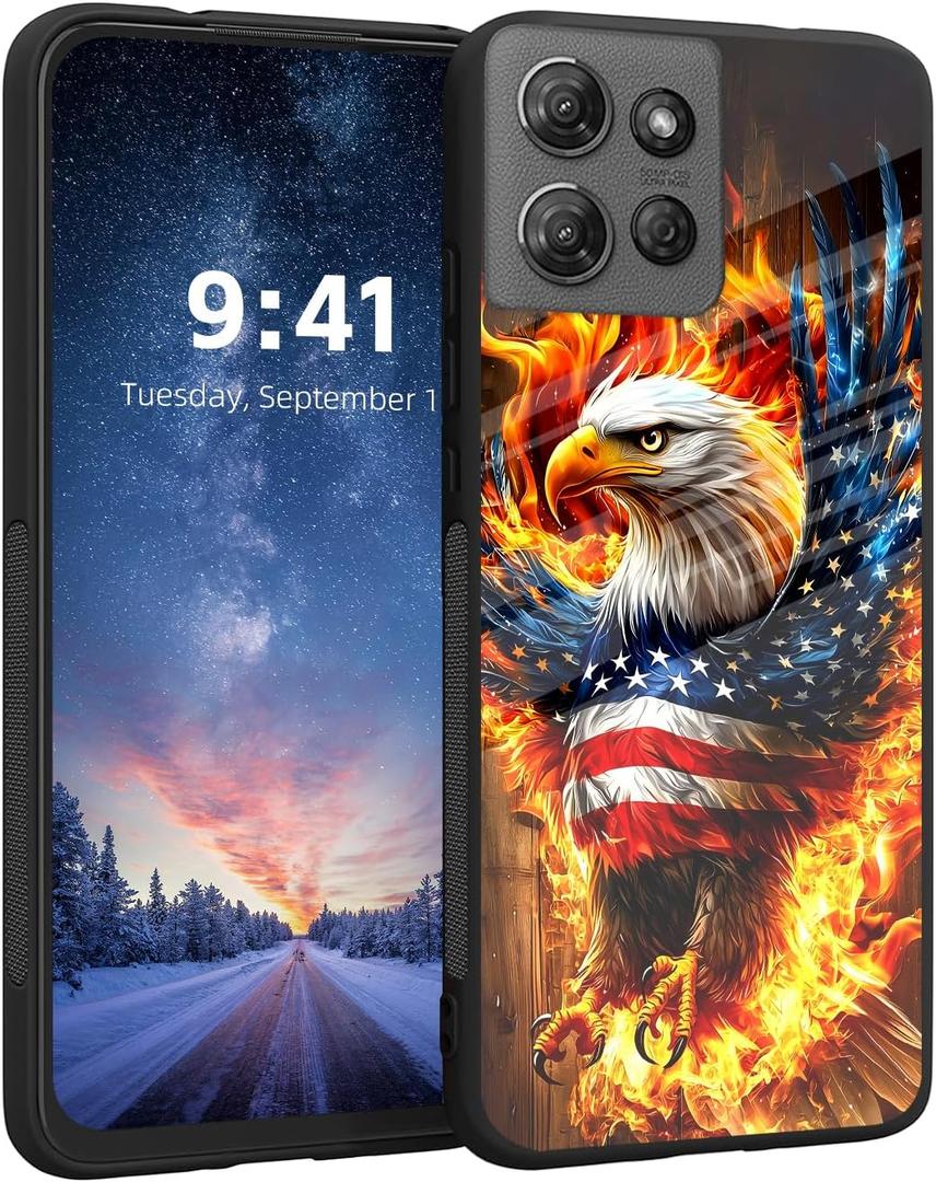 for Moto G 5G 2025 Phone Case, Tempered Glass Back and Soft TPU Dual Layer Bumper, Shockproof Full Body Protective Phone Cover for Moto G 5G 2025, American Flag Flame Eagle