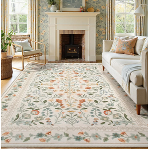 Lahome Floral Area Rug 9x12, Non-Slip Untra-Thin Washable Living Room Rugs, Vintage Botanical Print Low-Pile Soft Botanical Rug for Bedroom Dining Room Office, Beige