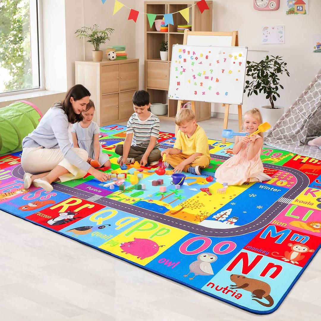 HOMORE Kids Rug, 9x12 Large Educational Rugs for Classroom Kids Collection ABC Rug for Learning Alphabet, Numbers, Colors, Season and Animal Words, Play Rugs for Playroom