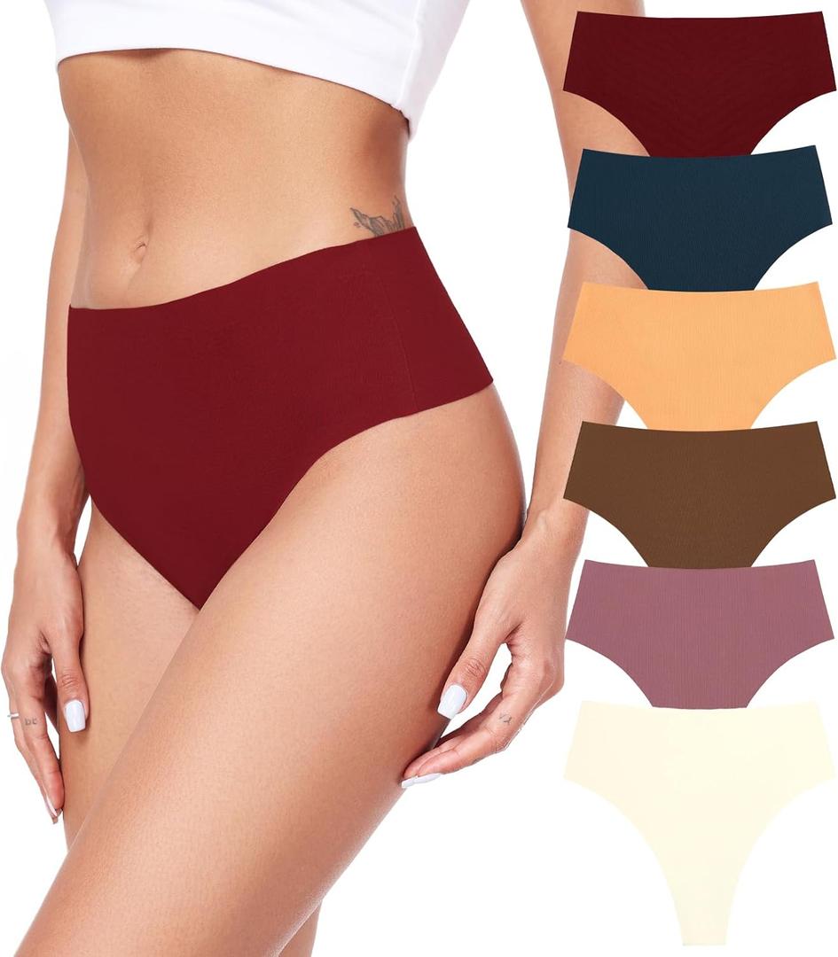 Cotton Thongs for Women High Waisted Seamless No Show Thong Stretchy Comfort Panties S-XL (Large, Darkcolor-6 Pack)