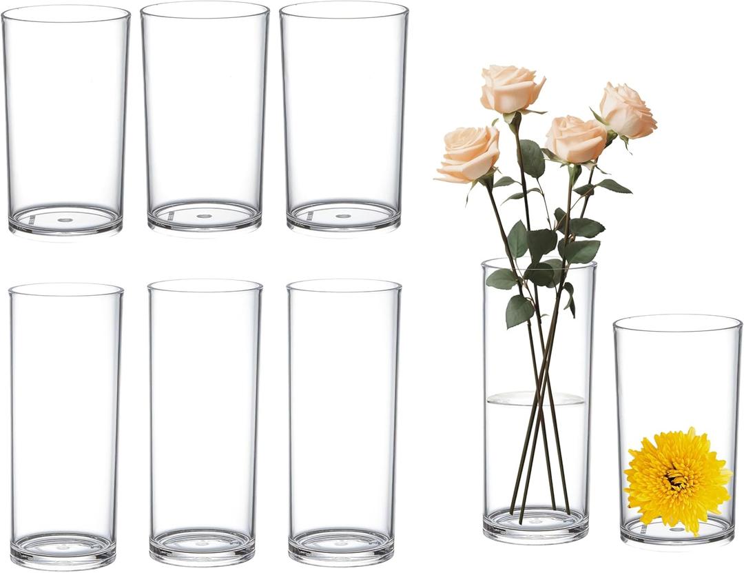 KLIFA- Carlsbad- Set of 8 Pieces, 6 & 7 Inch Tall, Plastic Cylinder Vases for Centerpieces, Acrylic Flower Vase for Wedding Centerpieces, Home Decorations, Clear