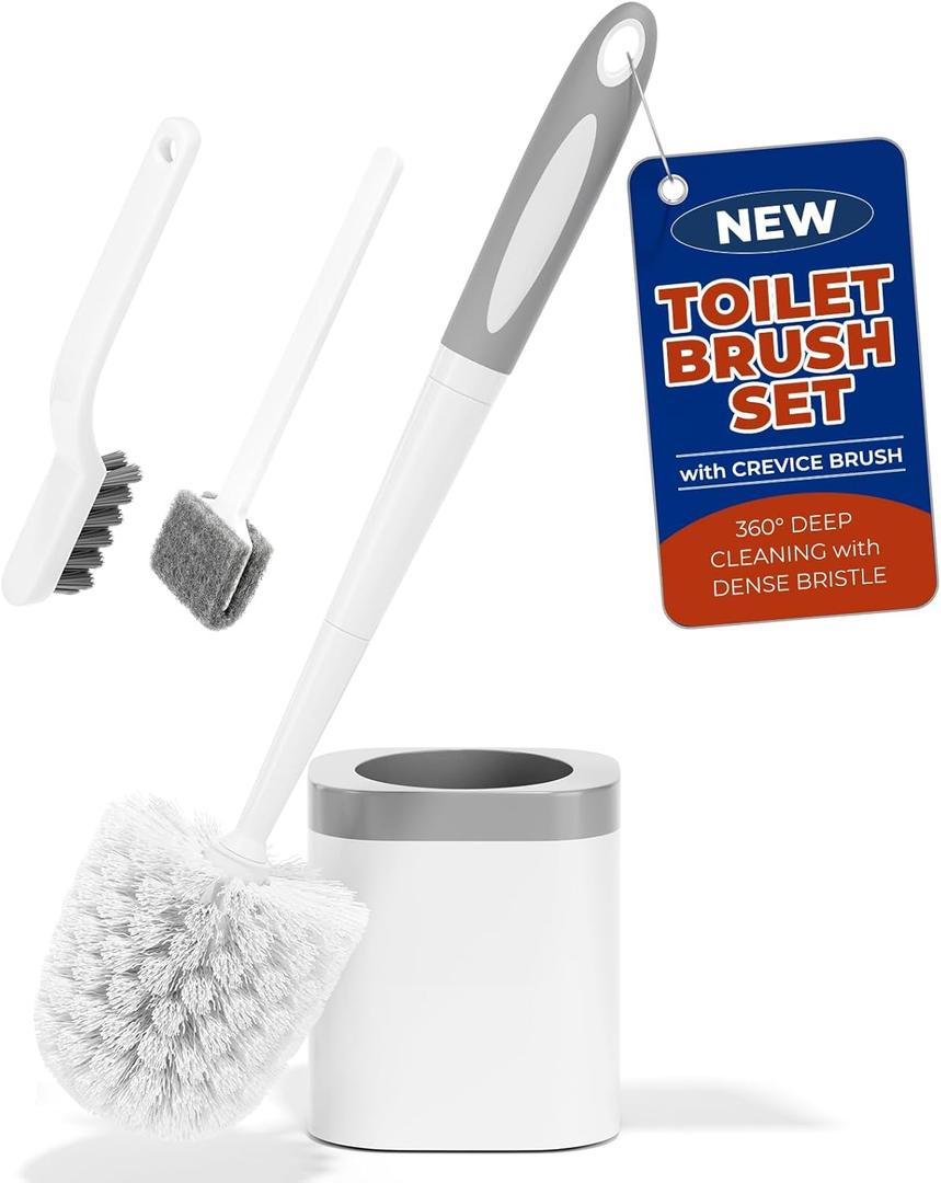 Holaloha Toilet Brush and Holder Set with Crevice Brush for Toilet Bowl and Bathroom Cleaning, White