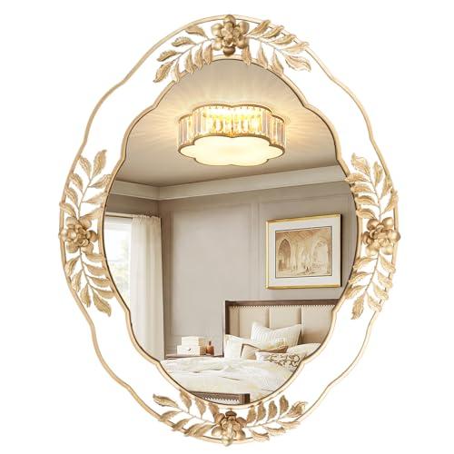 Fobule Gold Mirrors for Wall, 22"x29" Oval Metal Frame Decorative Mirror, Chic Floral Ornate Hanging Vanity Mirror for Dresser, Bathroom, Mantel,Entryway