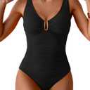B2prity One Piece Swimsuit for Women Tummy Control Ruched Bathing Suit V Neck Push Up Swimwear (Black, M)