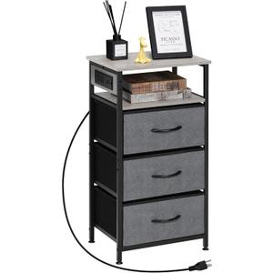 LIANTRAL Nightstand with Charging Station, Dresser with 3 Fabric Chest of Drawers, Dresser Storage for Bedroom, Hallway, Closet, Living Room, Dorm(Grey)