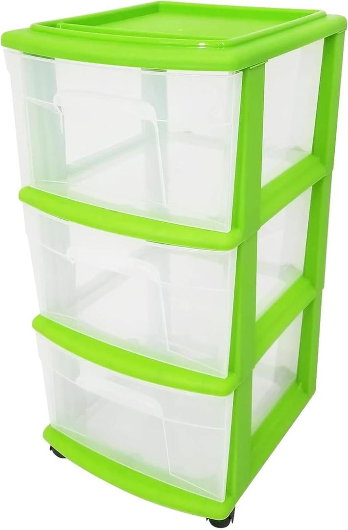 HOMZ Drawer Tower, 3-Tier Clear Plastic Storage Organizer Cart, Bold Lime Frame - Rolling Drawer Containers with Wheels for Bathroom, Bedroom, Office, and Classroom Organization (1 Pack)