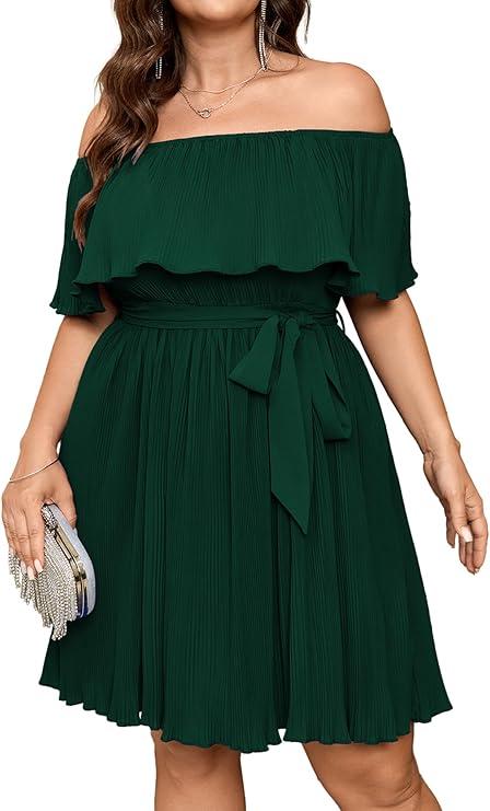 SCOMCHIC Women's Plus Size Cocktail Dress Off The Shoulder Flowy Pleated Wedding Guest Party Short Dress 3XL