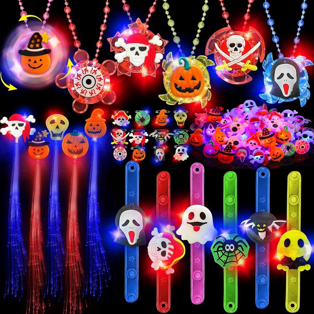 80 Pcs Halloween Party Favors Bulk Halloween Glow in the Dark Toys Rotating Spin Light Up Necklaces LED Bracelets Flash Rings Brooches Hair Lights Halloween Treats Gifts Bag Fillers Party Supplies
