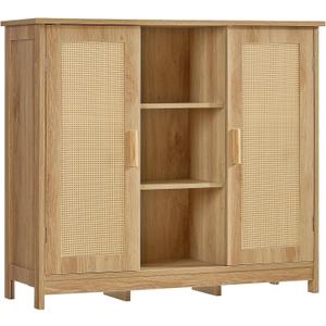 Iwell Rattan Storage Cabinet with 4 Adjustable Shelves, Coffee Bar Cabinet, Sideboard Buffet for Kitchen, Living Room, Entryway, Natural, 11.8"D x 35.4"W x 31.7"H