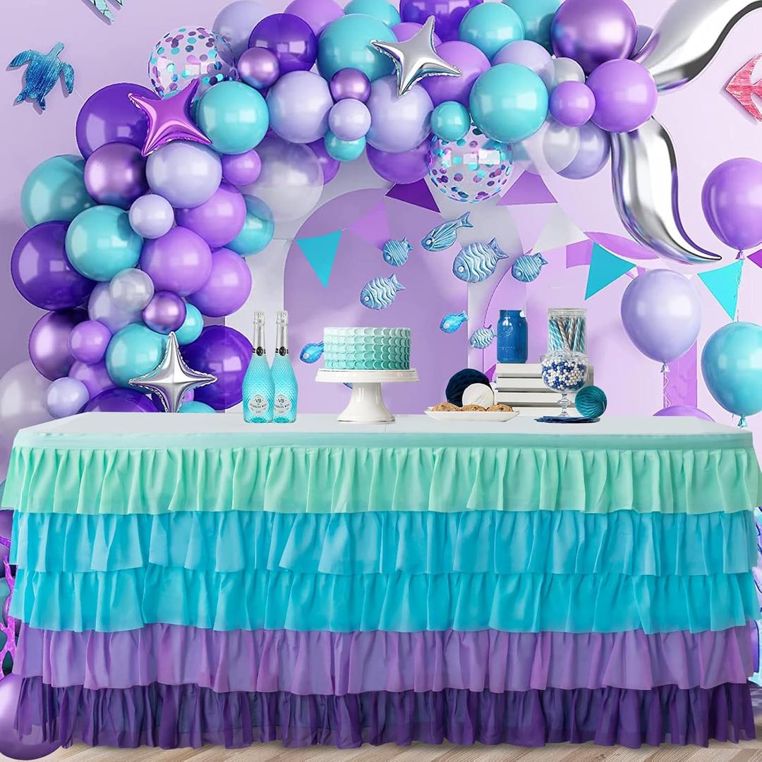 14ft Table Skirt Mermaid Tablecloth Purple Mermaid Table Skirt Rectangle Ruffle Baby Shower Gender Reveal Mermaid Birthday Party Decorations