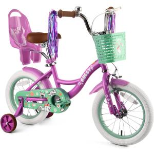 RULLY 12 14 16 Inch Girls Bike with Doll Seat Basket and Training Wheels for 2-6 Years Children
