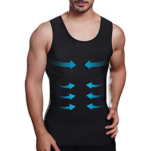 Mens Slimming Compression Shirt, Body Shaper Workout Tank Top, Gynecomastia Tummy Control Undershirts - Change in Seconds, Large