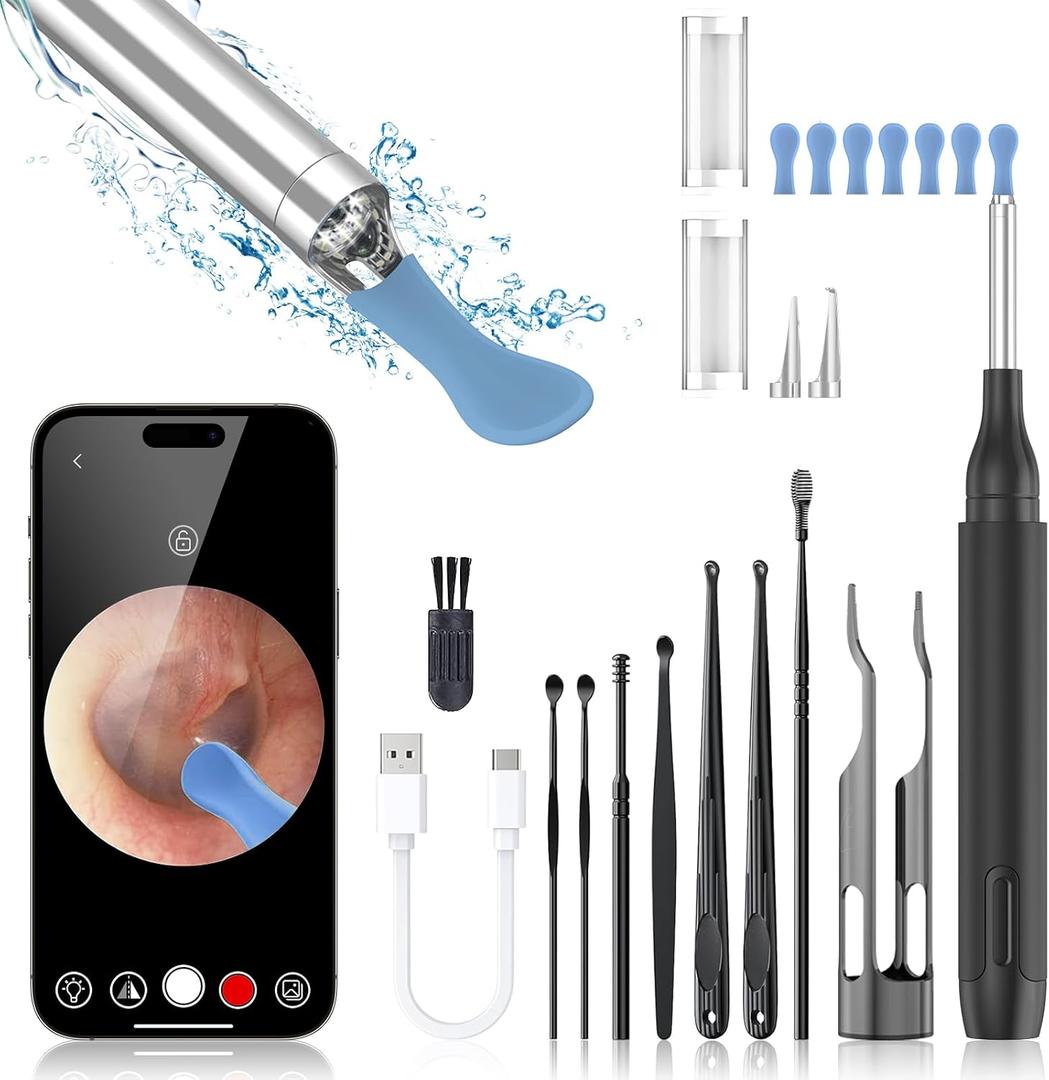 Ear Wax Removal, Earwax Remover Tool with 8 Pcs Ear Set, Ear Cleaner with Camera, Earwax Removal Kit with Light, Ear Wax Removal Tool with 6 Ear Spoon, Ear Cleaner for iOS and Android (Black)