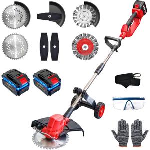 Electric Weed Wacker with Wheel, 3-in-1 Brushless Brush Cutter/String Trimmer/Grass Trimmer/Lawn Mower, 12" Cordless Weed Eater Battery Powered, 2 * 4000mAh Battery, 4 Blade and Charger