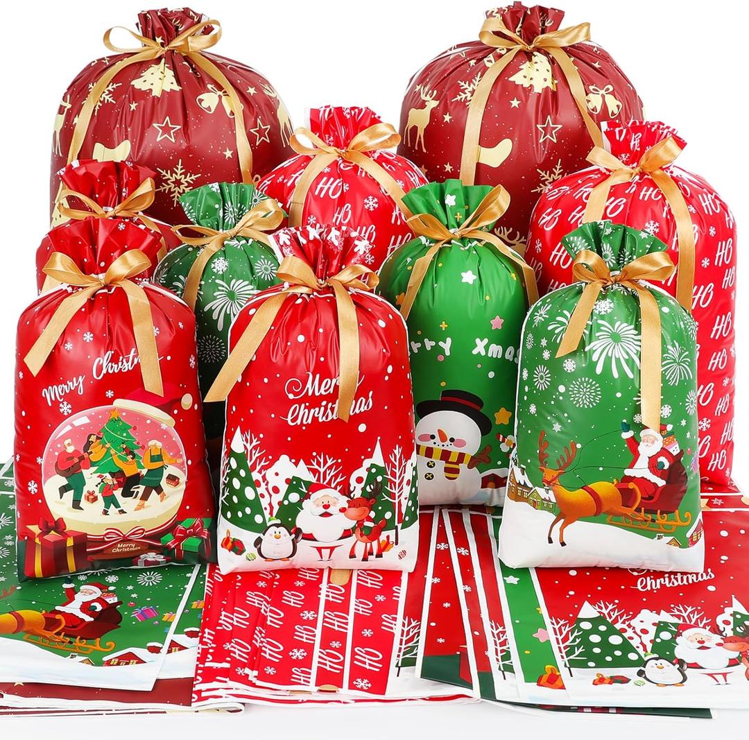 HRX Package 35pcs Christmas Gift Bags Drawstring Flat Bottom, Easy Holiday Gift Wrap Assorted Sizes for Xmas Present