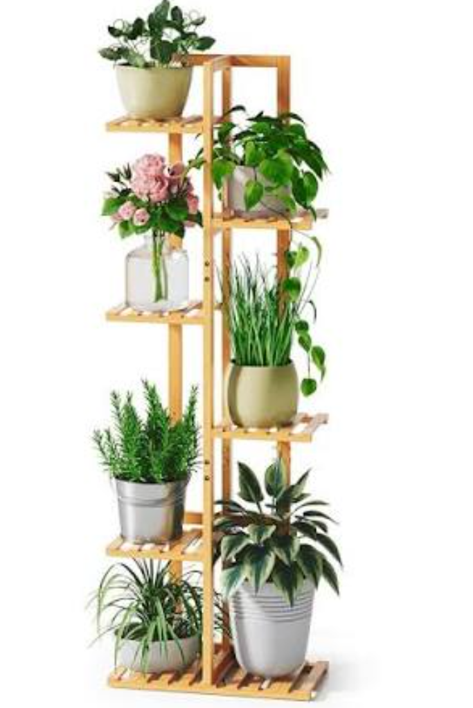 Solatmos Bamboo Plant Stand With Grow Lights Indoor Plants Outdoor Corner Plant Shelf Flower Stands for Living Room Patio Garden Corner Balcony (Wood, 7 Tier)