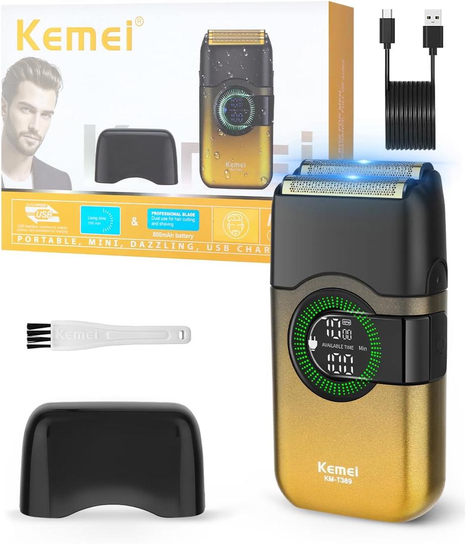 KEMEI Electric Foil Shavers for Men, Double Foil Razor with Floating Blades, Cordless Skin Fade Beard Shaver, USB Type C Rechargeable Up to 100 Min Usage, Travel Lock, KM-T389