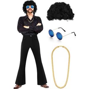 Eurzom Disco Costume Set Including Men's Disco Shiny Shirt Pant Funky Afro Wig Necklace Sunglasses for 60/70/80/90s Party (X-Large)