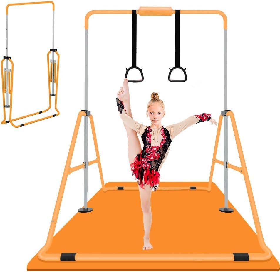 ZUETK Expandable Gymnastics Bar for Kids, Adjustable Height Junior Training Kip Bar (Orange with Mat)