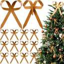 12 Pcs Khaki Metal Christmas Bow Ornaments for Christmas Tree Garland Wreath Bulk Bow with Clip Ornament Vintage Indoor Outdoor Home Xmas Party Decorations, 4 x 5 Inches