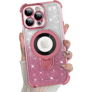 KANGHAR for iPhone 15 Pro Max Case, Support for MagSafe [Four Corner Cushion Series] Kickstand Electroplate Edge Shockproof Durable Full Body Protection for Girls Women -Pink