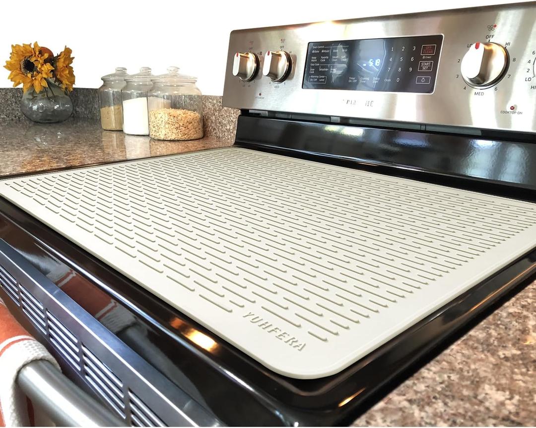 YUHFERA Stove Top Cover for Electric Stove - Silicone Stove Mat for Glass Top, Glass Cooktop Protector, XL Dish Drying Mats For Kitchen,Oven Covers for Electric Stove (Beige,30 x 21)