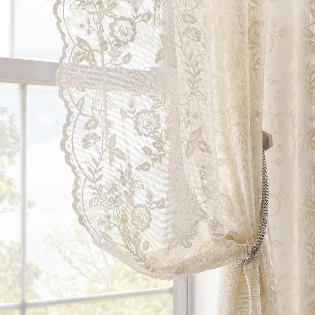 FINECITY Beige Lace Curtains 36 Inch Length 2 Panels Rusitc Leaf Floral Short Sheer Curtains for Kitchen Window Over Sink, Rod Pocket Privacy Light Filtering Lace Cafe Curtain, 42 x 36 Inch