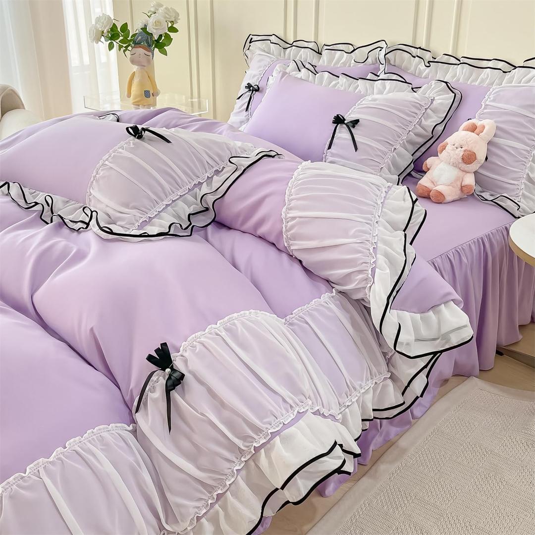 IHOUSTRIY Kid Duvet Cover Full Size, Ruffle Beddding Set with Bowtie, 3 Pieces Comforter Cover Set with Zipper Closure, Girl Bedding with Pillowcase - Purple, Full, Comforter Not Included