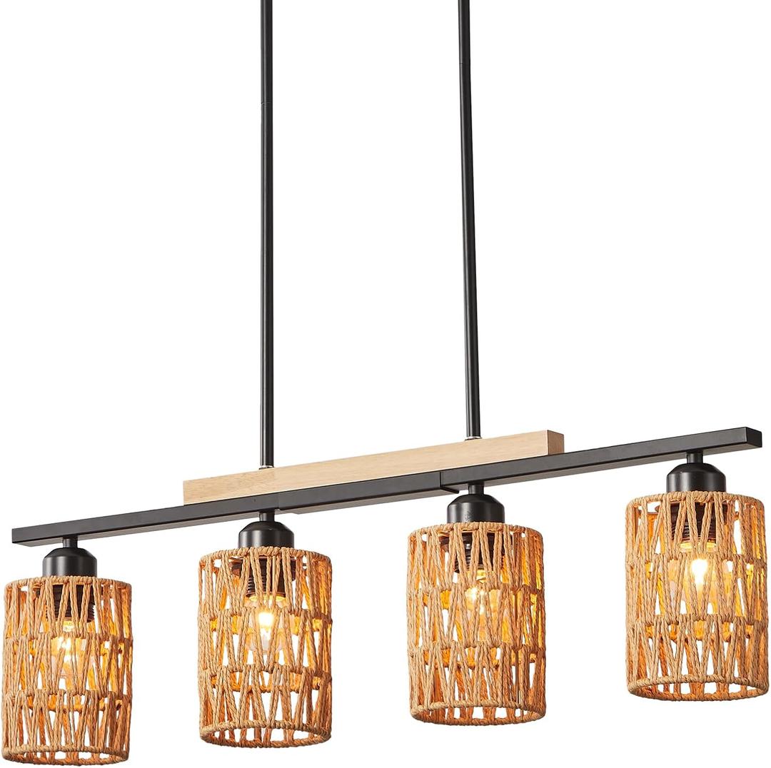 Farmhouse Linear Ratten Chandelier, Black Finish Wood Pendant Light Fixtures Over Table, Adjustable Height Kitchen Island Light Dining Room 4-Light