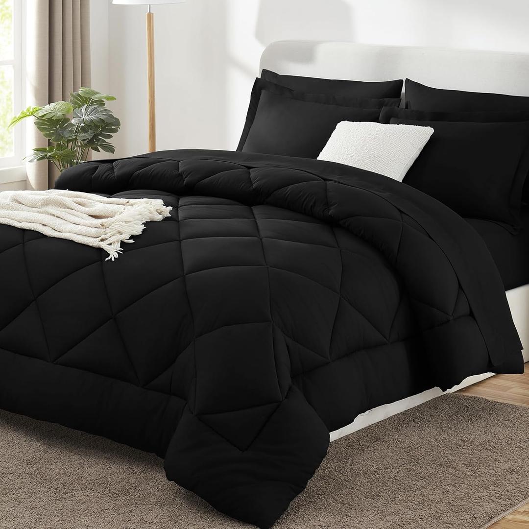 CozyLux King Size Comforter Set Black - 7 Pieces Bed in a Bag King, Luxury Soft Bed Set for All Seasons, Bedding Set with Down Alternative Comforter, Sheets, Pillowcases & Shams