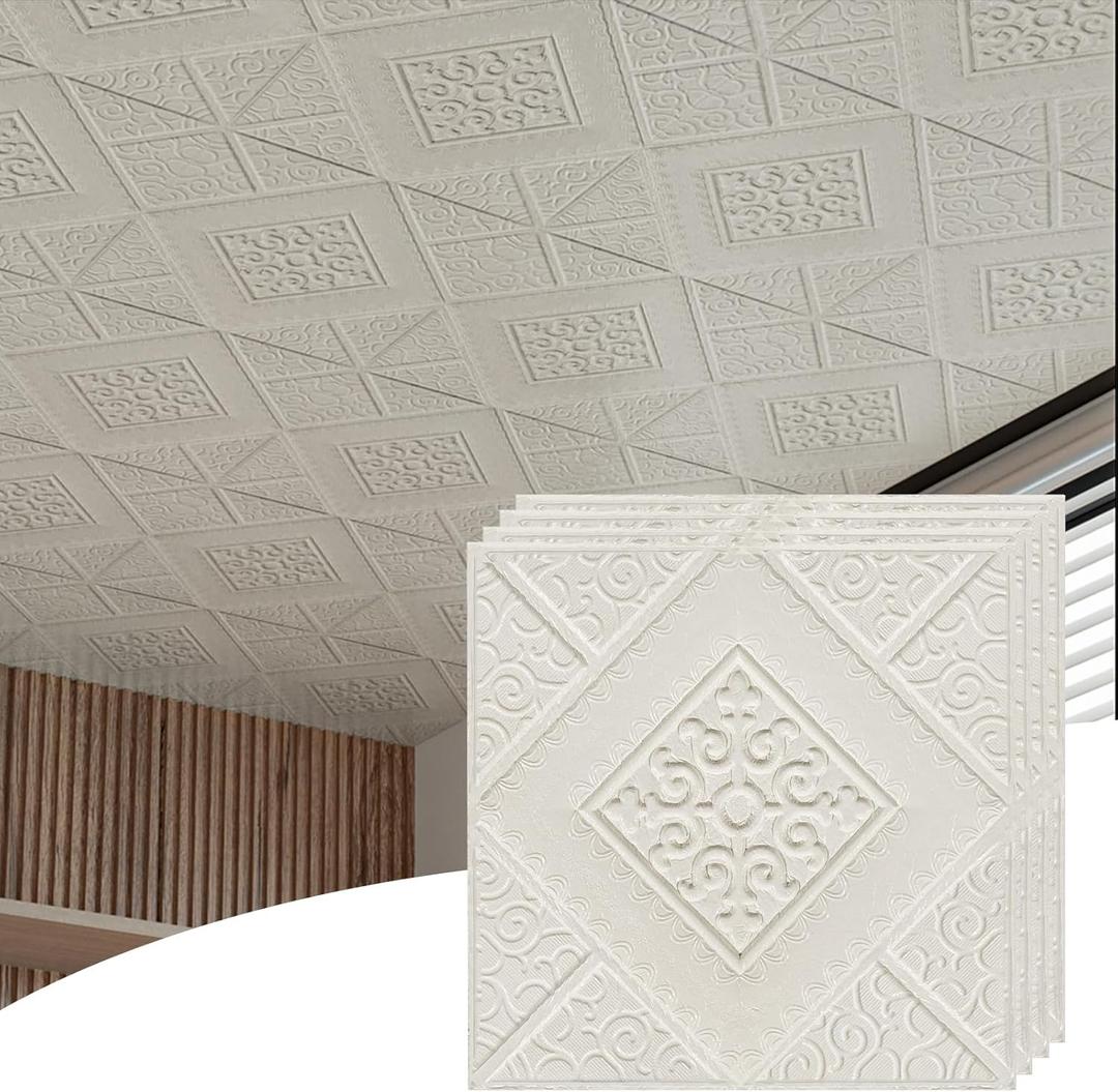 Ceiling Tiles, 32 Pcs Peel and Stick, Foam Glue-up Tiles for Ceiling Decorative, Easy to Install, 13.8 x 13.8 inch, Covered 42 Sq. White Flower