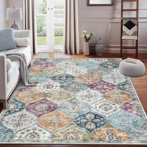 10x13 Area Rug Extra Large Rug Moroccan Trellis Machine Washable Rug for Living Room Vintage Medallion Distressed Floor Cover Stain Resistant Non-Slip Carpet for Bedroom, Purple/Grey