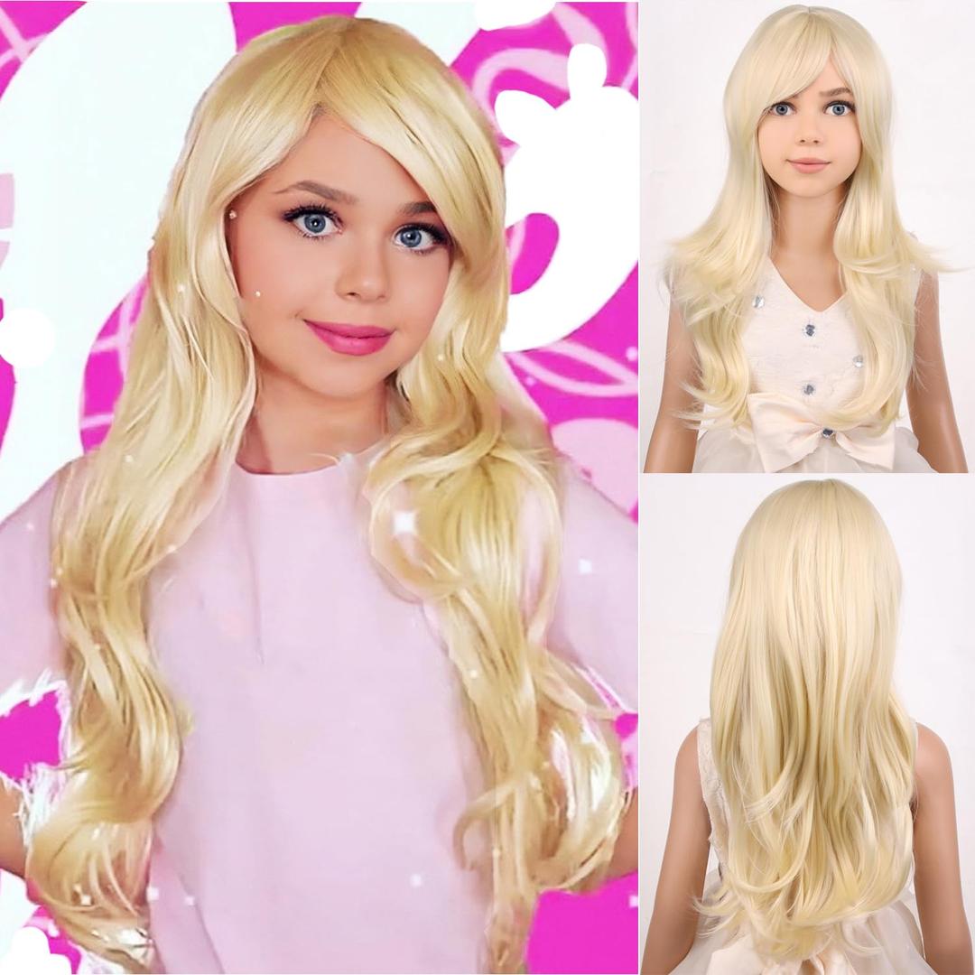Kids Girls Blonde Wig Long Wavy Light Blonde Wig for Kids Child Blonde Long Wig with Bangs Synthetic Wig with Wig Cap