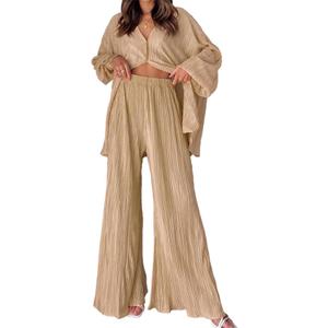 Vacation Outfits for Women 2 Piece Textured Fall Sets Button Down Shirt and Long Pants Set Summer Outfits 2025
 Size XL