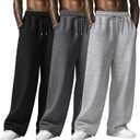 August Alley 3 Pack Men's Baggy Sweatpants Wide Leg Open Bottom Drawstring Pants Lounge Athletic Loose Joggers with Pockets (Light Gray, Dark Gray, Black), M
