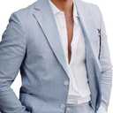 Leisure Mens Striped Seersucker Slim Fit Suit Grooms Lightweight Sear Sucker Suit for Wedding (Blue, XL)
