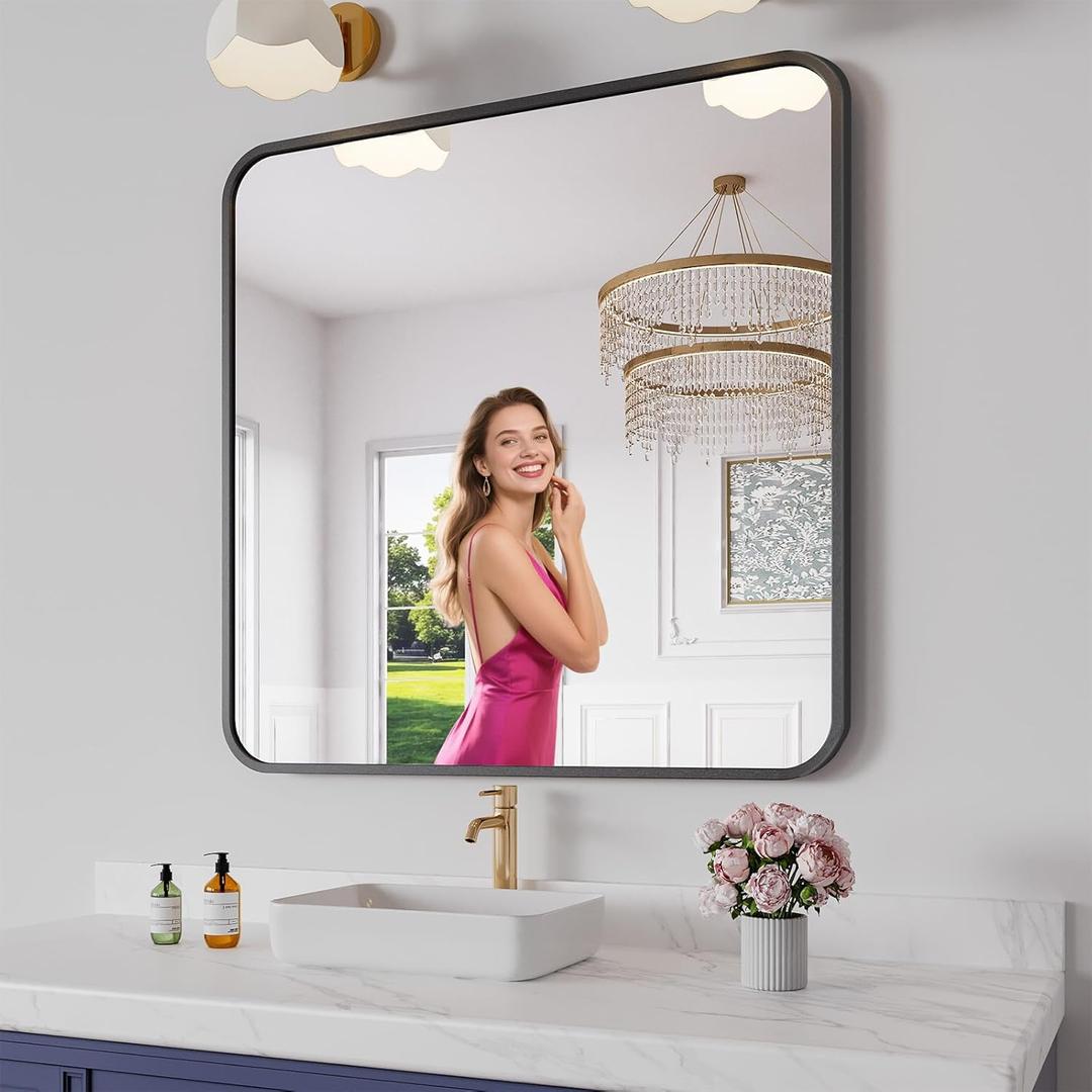 Koonmi Bathroom Mirror, 36X36 Brushed Black Metal Framed Wall-Mounted Mirror for Over Sink, HD Tempered Glass, Anti-Rust, Rounded Rectangle Mirror for Restroom, Bedroom, Hangs Horizontal or Vertical