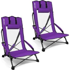 Beach Chairs for Adults Purple 2 Pack | High Back, Low Profile, 22.5" Wide, Headrest, Breathable Mesh, Portable, Outdoor, Beach, Concert