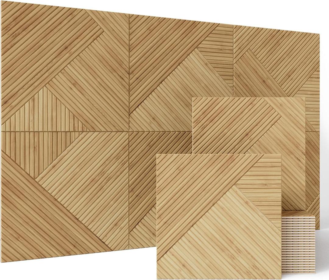 BUBOS Large Acoustic Panels, 6 Pack Wood-Pattern Printing Soundproof Wall Panels, Total Size 70.8 x 47.2 Inches Self-Adhesive Decorative Sound Absorbing Panels for Studio, Home, Light Diamond Weave