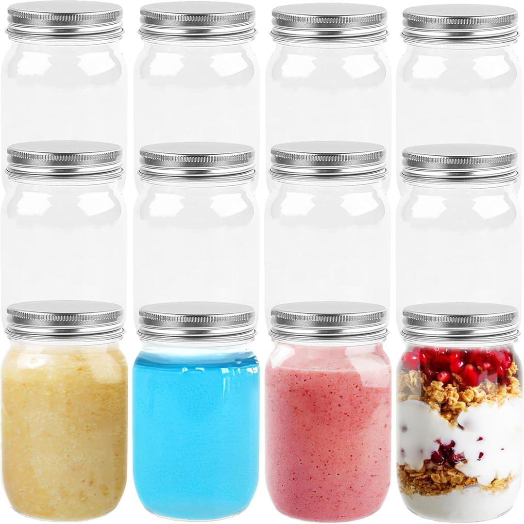 TUZAZO 8 Ounce Clear Plastic Mason Jars Containers with Screw On Lids - Refillable Round Empty Plastic Slime Storage Containers for Kitchen & Household Storage - BPA Free (12 Pack)