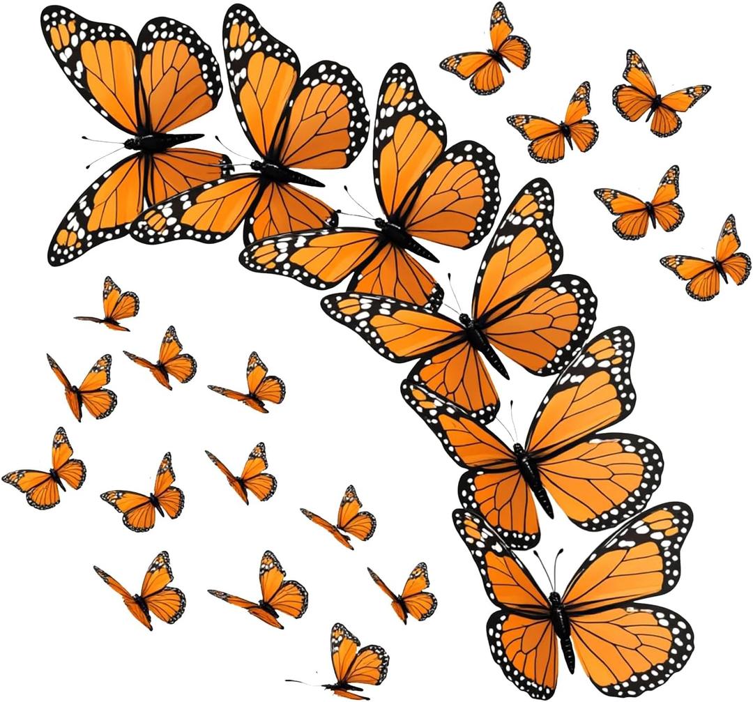 24 Pcs Monarch Butterfly Decorations, 4.72'' Orange Fake Butterflies3D Halloween Monarch Butterfly Wall Decor for Fridge, Crafts,Wall, Party, Christmas Wedding, Halloween