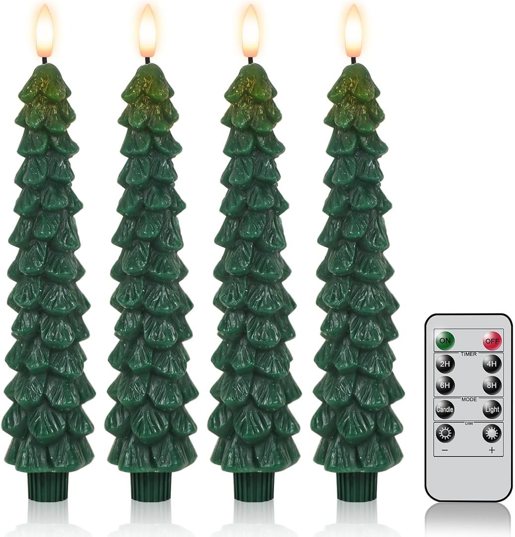 DRomance Christmas Tree Flameless Taper Candles Battery Operated with 10-Key Remote and Timer Real Wax LED Taper Candles 3D Wick Flickering Lifelike Leaves Dinner Xmas Holiday Decoration Set of 4