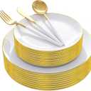 Supernal Elegant White and Gold Plastic Dinnerware Set Premium Heavy-Duty Disposable Plates & Gold Plastic Silverware for Weddings, Outdoor Parties & Birthdays (Serves 30)