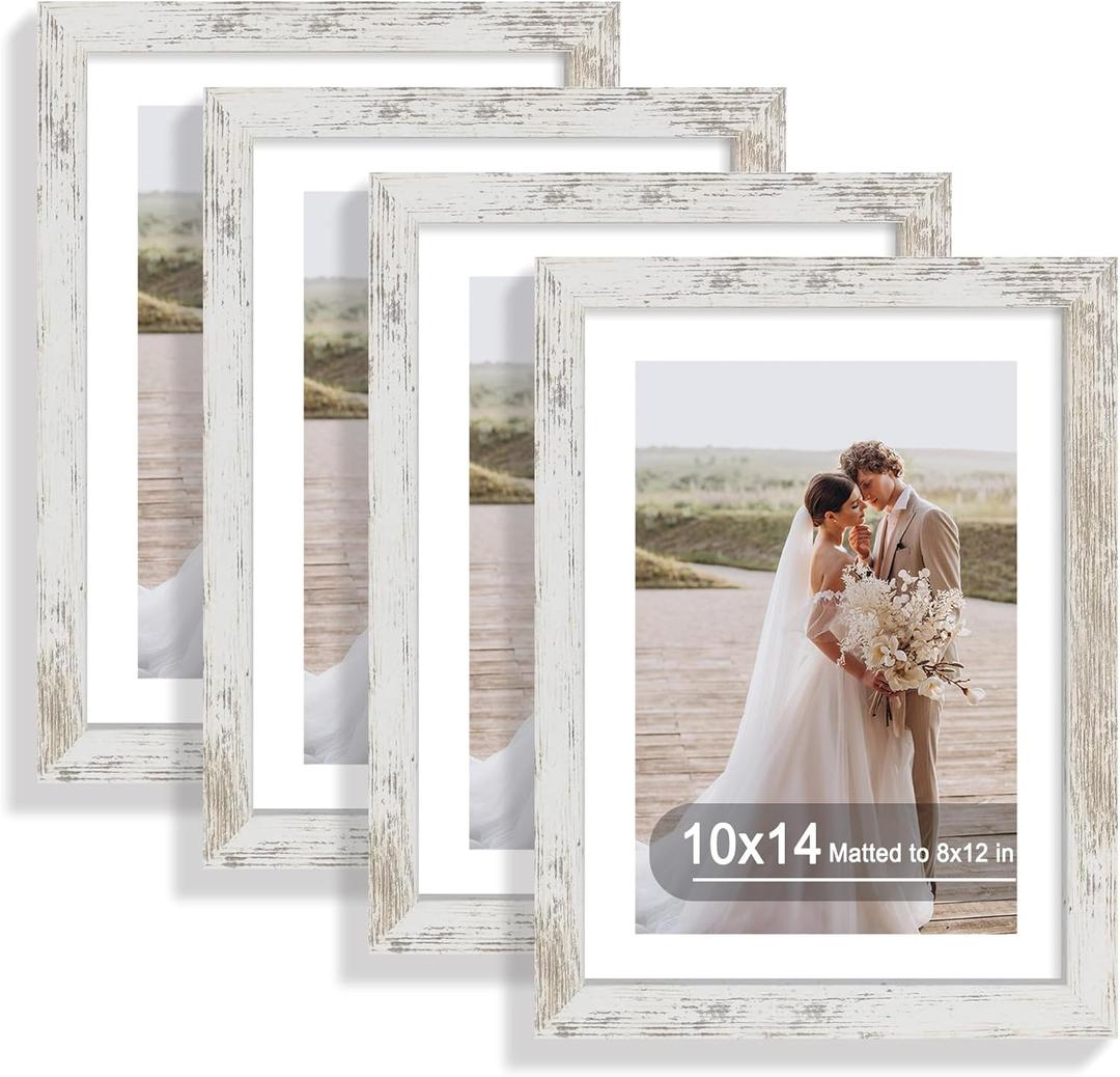 10x14 Picture Frame Set of 4, Made of Glass and Distressed White Wooden Frame, Display 8x12 Pictures with Mat or 30 x 40cm Diamond Painting Art without Mat for Wall Mounting, Gallery Photo Frames